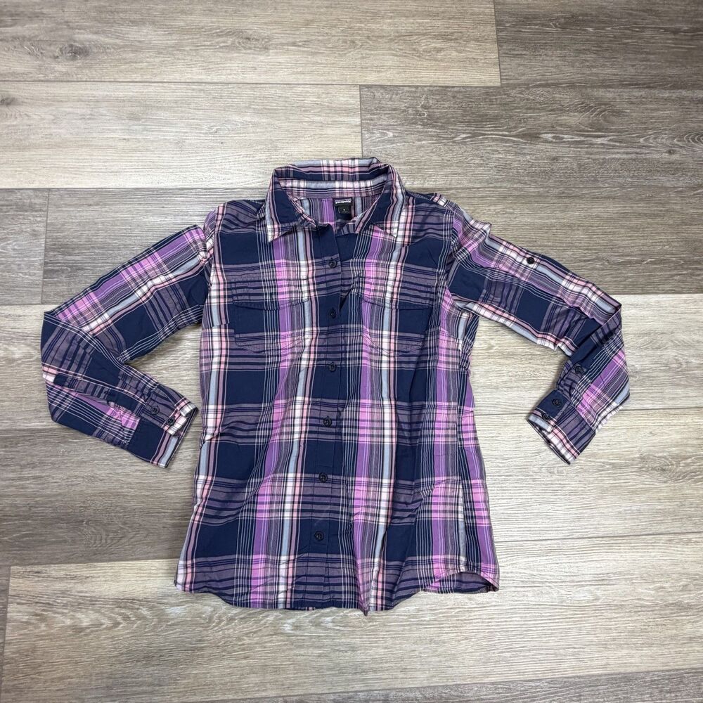 Patagonia Button-Up Shirt Womens Size 6 Blue Pink Plaid Lyocell Nylon Casual